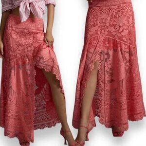 Farm Rio Guipure Pink Lace Open Slit Front Scalloped Bohemian Maxi Skirt S NWT